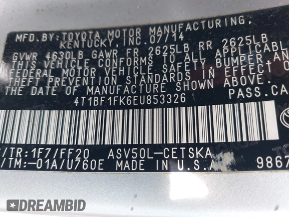 2014 Toyota Camry L with VIN 4T1BF1FK6EU853326, listed as a IAAI auction lot 41874392 with 134,532 mi miles. Bid and sale history available at carsss.com. Image 9.