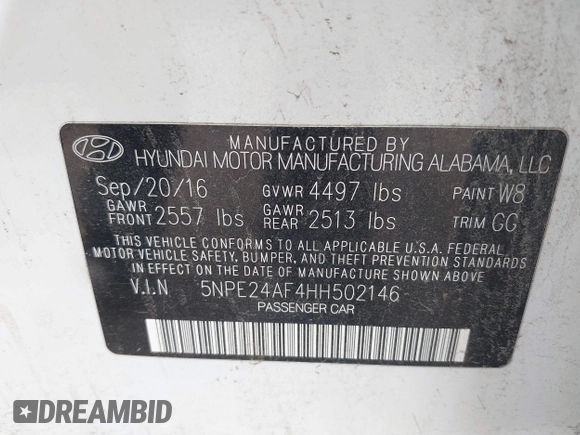 2017 Hyundai Sonata SE with VIN 5NPE24AF4HH502146, listed as a IAAI auction lot 41806979 with 88,289 mi miles and . Bid and sale history available at DreamBid. Image 9.