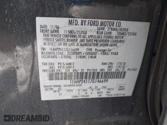 2007 Ford Five Hundred SEL с VIN 1FAHP24117G146699, выставлен на аукционе IAAI как лот 42271379 с пробегом 178 488 миль миль и . История ставок и продаж доступна на DreamBid. Изображение 9.