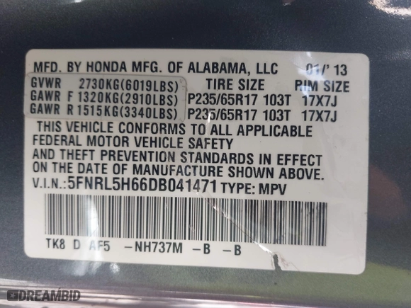 2013 Honda Odyssey EX-L with VIN 5FNRL5H66DB041471, listed as a IAAI auction lot 41543113 with 171,612 mi miles. Bid and sale history available at carsss.com. Image 9.
