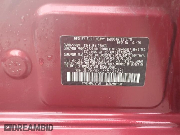 2015 Subaru Crosstrek Limited with VIN JF2GPASC3F8237231, listed as a Copart auction lot 57872075 with Not provided miles and Salvage title. Bid and sale history available at DreamBid. Image 13.