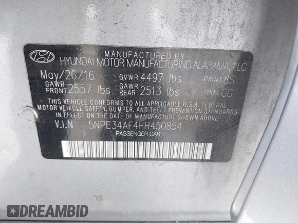 2017 Hyundai Sonata Sport with VIN 5NPE34AF4HH450854, listed as a IAAI auction lot 40133552 with 171,429 mi miles. Bid and sale history available at carsss.com. Image 9.