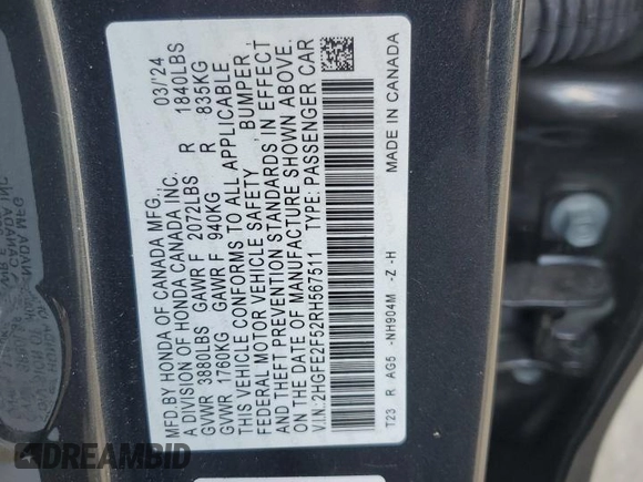 2024 Honda Civic Sedan Sport with VIN 2HGFE2F52RH567511, listed as a Copart auction lot 67954374 with 4,001 mi miles and Salvage Title. Bid and sale history available at carsss.com. Image 13.