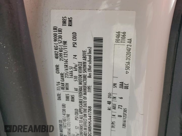 2017 Ford Transit Passenger XL с VIN 1FBZX2CM5HKA41788, выставлен на аукционе Copart как лот 49870695 с пробегом 54 225 миль миль и Списание • Salvage title. История ставок и продаж доступна на DreamBid. Изображение 13.