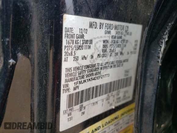 2013 Ford Expedition Max Limited with VIN 1FMJK1K54DEF21773, listed as a Copart auction lot 53612995 with Not provided miles and Salvage title. Bid and sale history available at DreamBid. Image 12.