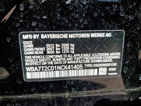 2022 BMW 7 Series 740i with VIN WBA7T2C01NCK41405, listed as a Copart auction lot 50586975 with 45,454 mi miles and Salvage Title. Bid and sale history available at carsss.com. Image 15.