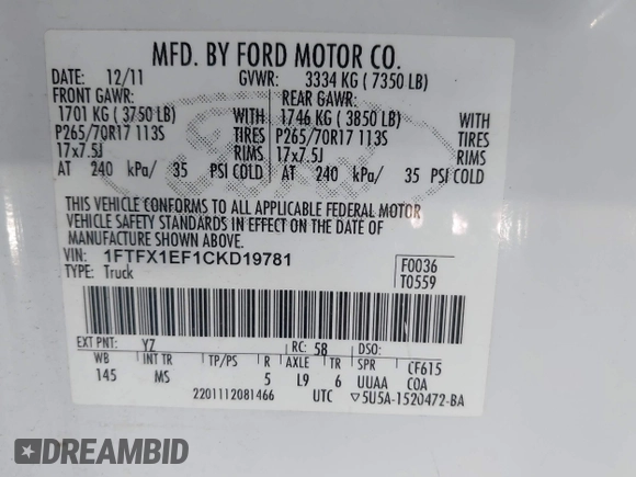 2012 Ford F-150 XL with VIN 1FTFX1EF1CKD19781, listed as a IAAI auction lot 41828077 with 142,466 mi miles and . Bid and sale history available at DreamBid. Image 9.