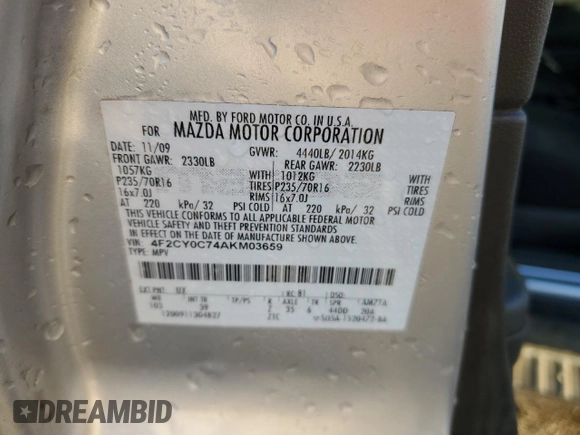 2010 Mazda Tribute Grand Touring with VIN 4F2CY0C74AKM03659, listed as a Copart auction lot 84494254 with 160,177 mi miles and Salvage Title. Bid and sale history available at carsss.com. Image 14.