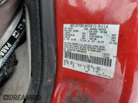 1999 Ford Super Duty F-250 XL with VIN 1FTNF20L1XEB96277, listed as a Copart auction lot 88293495 with 119,912 mi miles and Salvage Title. Bid and sale history available at carsss.com. Image 13.