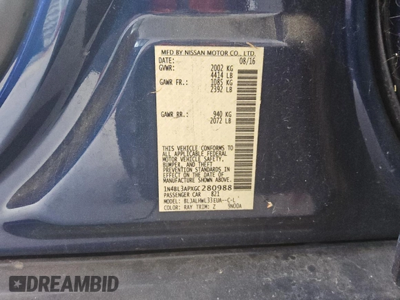 2016 Nissan Altima SR with VIN 1N4BL3APXGC280988, listed as a Copart auction lot 51603445 with 99,460 mi miles and Clean Title. Bid and sale history available at carsss.com. Image 12.