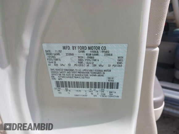 2008 Ford Escape XLS с VIN 1FMCU02Z78KC32703, выставлен на аукционе IAAI как лот 41998928 с пробегом 212 746 миль миль и . История ставок и продаж доступна на DreamBid. Изображение 9.