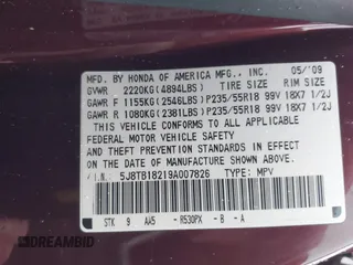 2009 Acura RDX with VIN 5J8TB18219A007826, listed as a IAAI auction lot 41554477 with 153,512 mi miles and . Bid and sale history available at DreamBid. Image 9.