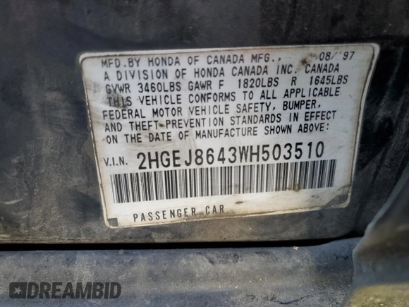 1998 Honda Civic EX with VIN 2HGEJ8643WH503510, listed as a Copart auction lot 50987235 with 247,265 mi miles and Salvage Title. Bid and sale history available at carsss.com. Image 12.