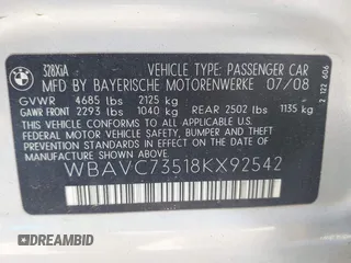 2008 BMW 3 Series 328xi with VIN WBAVC73518KX92542, listed as a IAAI auction lot 42494583 with 152,138 mi miles and . Bid and sale history available at DreamBid. Image 9.