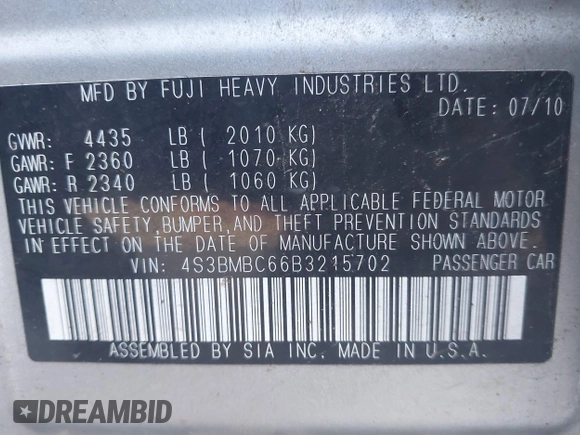 2011 Subaru Legacy Premium with VIN 4S3BMBC66B3215702, listed as a IAAI auction lot 41880057 with 215,321 mi miles and . Bid and sale history available at DreamBid. Image 9.