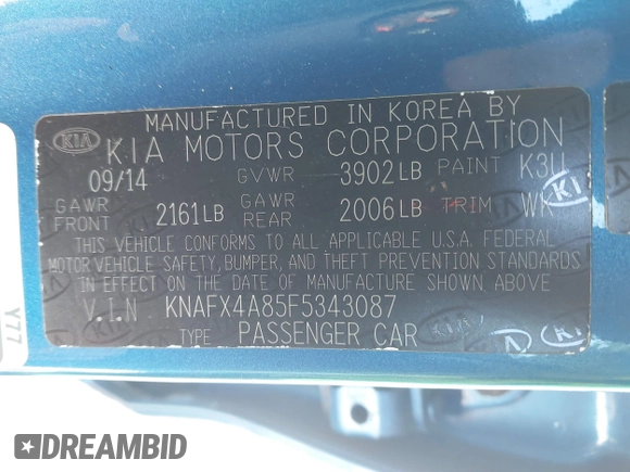 2015 Kia Forte EX with VIN KNAFX4A85F5343087, listed as a IAAI auction lot 41598103 with 68,842 mi miles. Bid and sale history available at carsss.com. Image 9.