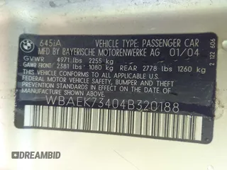 2004 BMW 6 Series 645Ci with VIN WBAEK73404B320188, listed as a IAAI auction lot 41341111 with 126,233 mi miles. Bid and sale history available at carsss.com. Image 9.
