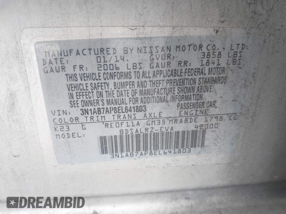 2014 Nissan Sentra S with VIN 3N1AB7AP8EL641803, listed as a IAAI auction lot 41904006 with 111,064 mi miles and . Bid and sale history available at DreamBid. Image 9.