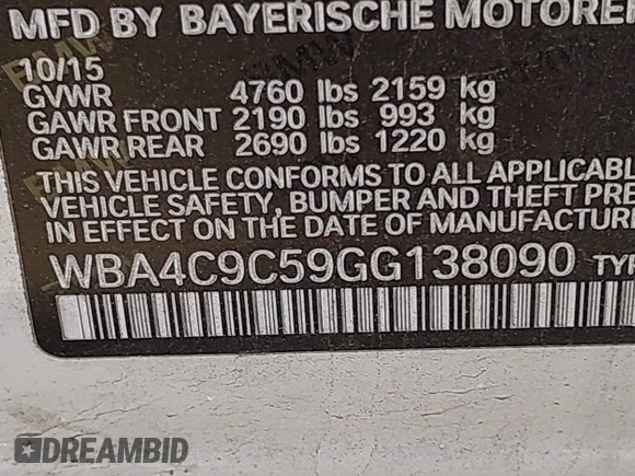 2016 BMW 4 Series 428i xDrive with VIN WBA4C9C59GG138090, listed as a IAAI auction lot 41560267 with 94,010 mi miles and . Bid and sale history available at carsss.com. Image 9.