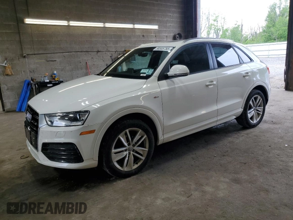 2018 Audi Q3 Premium with VIN WA1BCCFS9JR000127, listed as a Copart auction lot 58555755 with 60,295 mi miles and Salvage title. Bid and sale history available at DreamBid. Image 1.