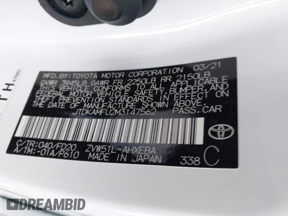 2021 Toyota Prius L Eco with VIN JTDKAMFU2M3147562, listed as a IAAI auction lot 41882066 with 99,491 mi miles. Bid and sale history available at carsss.com. Image 9.