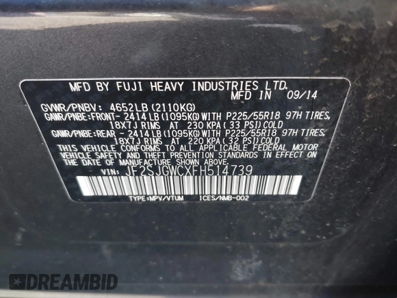2015 Subaru Forester 2.0XT Touring with VIN JF2SJGWCXFH514739, listed as a IAAI auction lot 42143364 with 107,359 mi miles. Bid and sale history available at carsss.com. Image 9.