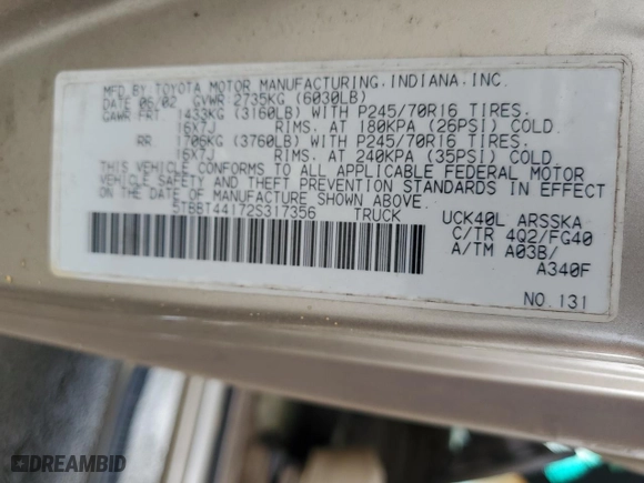 2002 Toyota Tundra SR5 with VIN 5TBBT44172S317356, listed as a Copart auction lot 47207575 with 245,172 mi miles and Salvage Title. Bid and sale history available at carsss.com. Image 12.