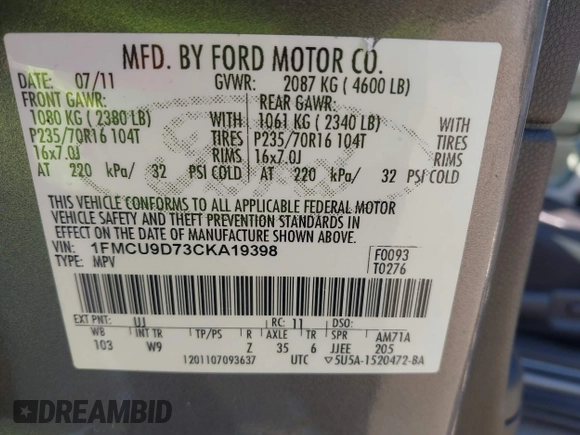 2012 Ford Escape XLT с VIN 1FMCU9D73CKA19398, выставлен на аукционе IAAI как лот 42422093 с пробегом 155 506 миль миль и . История ставок и продаж доступна на DreamBid. Изображение 9.