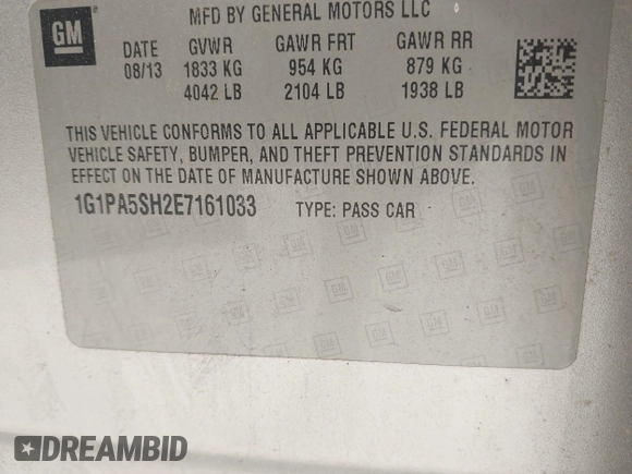 2014 Chevrolet Cruze LS with VIN 1G1PA5SH2E7161033, listed as a IAAI auction lot 42104694 with 178,481 mi miles and . Bid and sale history available at DreamBid. Image 9.