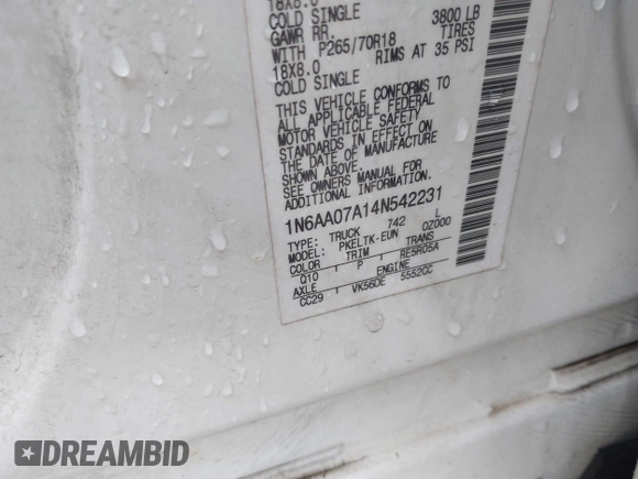 2004 Nissan Titan XE с VIN 1N6AA07A14N542231, выставлен на аукционе IAAI как лот 42167445 с пробегом Не указан миль и . История ставок и продаж доступна на DreamBid. Изображение 9.