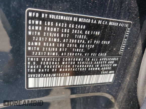 2018 Volkswagen Tiguan SEL with VIN 3VV2B7AX8JM154396, listed as a Copart auction lot 60984075 with 67,237 mi miles and Salvage title. Bid and sale history available at DreamBid. Image 14.