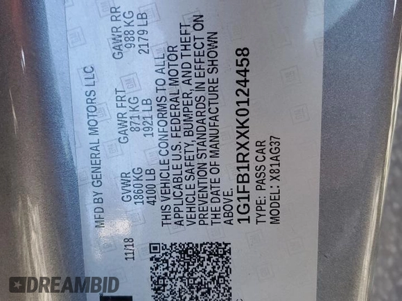 2019 Chevrolet Camaro 1LS with VIN 1G1FB1RXXK0124458, listed as a Copart auction lot 88047445 with 51,137 mi miles and Salvage Title. Bid and sale history available at carsss.com. Image 13.