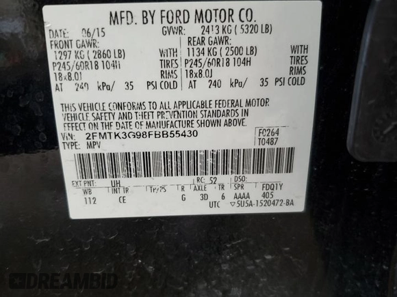 2015 Ford Edge SE with VIN 2FMTK3G98FBB55430, listed as a Copart auction lot 47659415 with 81,489 mi miles and Clean title. Bid and sale history available at DreamBid. Image 12.