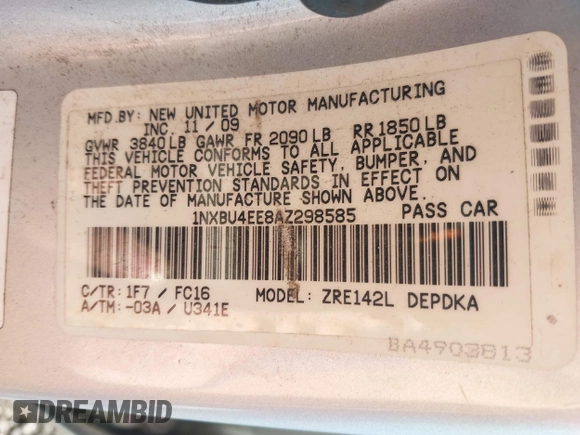2010 Toyota Corolla with VIN 1NXBU4EE8AZ298585, listed as a IAAI auction lot 42554218 with 199,964 mi miles and . Bid and sale history available at DreamBid. Image 9.
