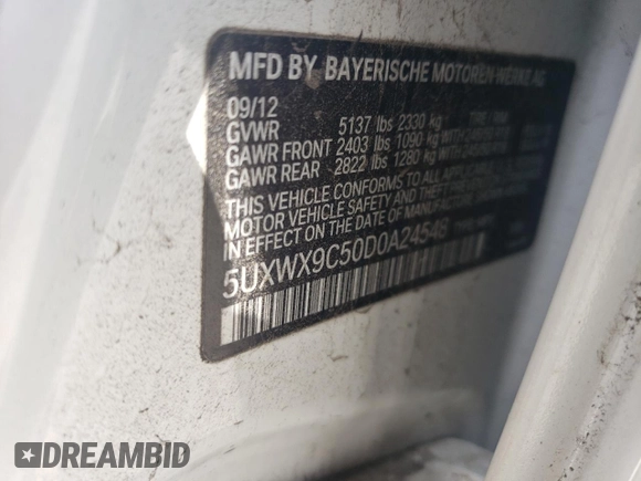 2013 BMW X3 xDrive28i with VIN 5UXWX9C50D0A24548, listed as a Copart auction lot 50700105 with 103,006 mi miles and Clean Title. Bid and sale history available at carsss.com. Image 12.