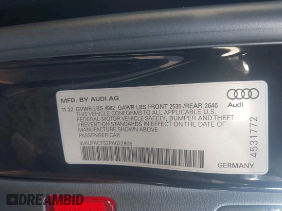 2023 Audi A5 Sportback S line Premium Plus with VIN WAUFACF52PA022806, listed as a IAAI auction lot 41126860 with 33,044 mi miles. Bid and sale history available at carsss.com. Image 9.