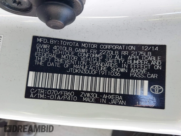 2015 Toyota Prius Four with VIN JTDKN3DU0F1911036, listed as a IAAI auction lot 41366529 with 92,994 mi miles. Bid and sale history available at carsss.com. Image 9.