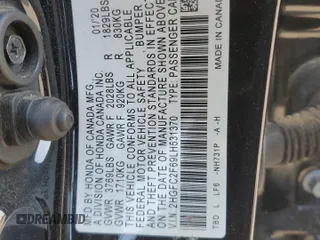 2020 Honda Civic LX z VIN 2HGFC2F69LH531370, wystawiony jako Copart lot #55076335 z przebiegiem 140 163 mil mil oraz Szkoda całkowita • Salvage title. Historia ofert i sprzedaży dostępna na DreamBid. Obrazek 12.