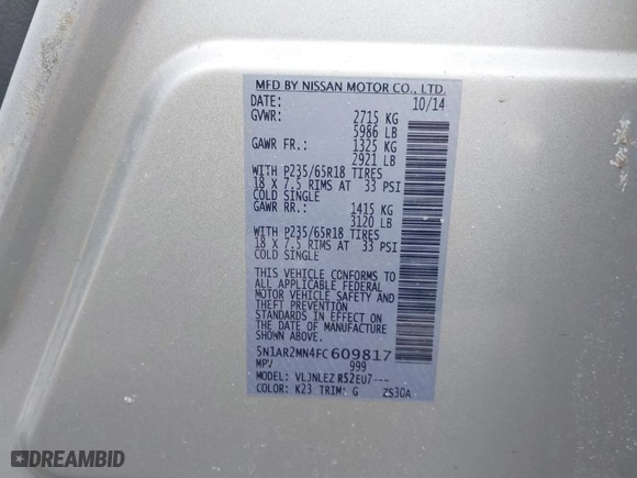 2015 Nissan Pathfinder Platinum with VIN 5N1AR2MN4FC609817, listed as a IAAI auction lot 41800856 with 170041 miles. Bid and sale history available at carsss.com. Image 9.