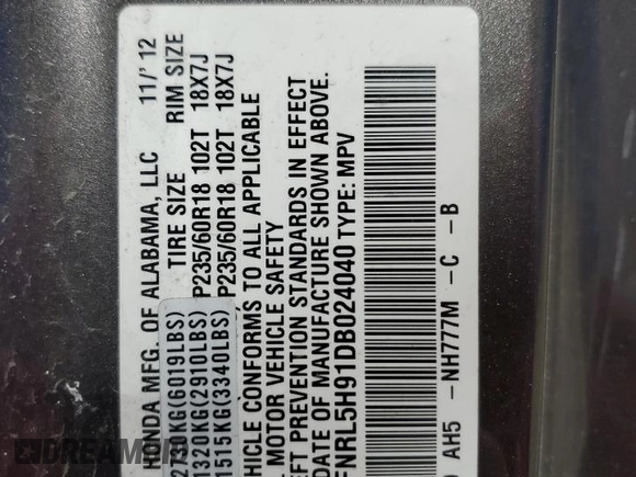 2013 Honda Odyssey Touring with VIN 5FNRL5H91DB024040, listed as a Copart auction lot 57241615 with 163,788 mi miles and Salvage title. Bid and sale history available at DreamBid. Image 14.