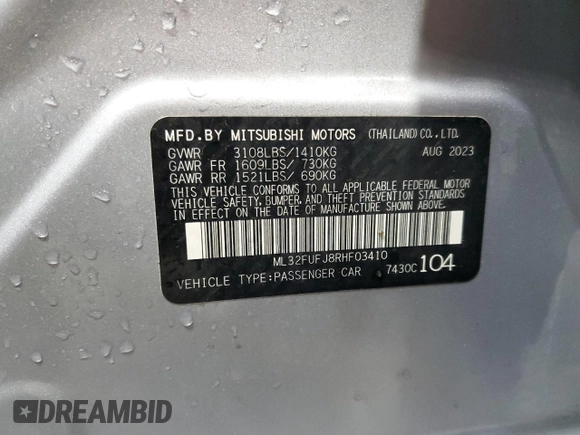 2024 Mitsubishi Mirage G4 ES with VIN ML32FUFJ8RHF03410, listed as a Copart auction lot 53485475 with 34,506 mi miles and Clean Title. Bid and sale history available at carsss.com. Image 12.