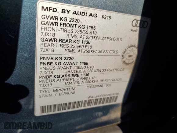 2016 Audi Q3 with VIN WA1JFCFS1GR018195, listed as a Copart auction lot 48454905 with 166,757 mi miles and Salvage title. Bid and sale history available at DreamBid. Image 13.