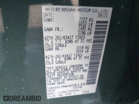 2022 Nissan Frontier SV with VIN 1N6ED1EJ9NN608138, listed as a IAAI auction lot 41486257 with 46,069 mi miles and . Bid and sale history available at DreamBid. Image 9.