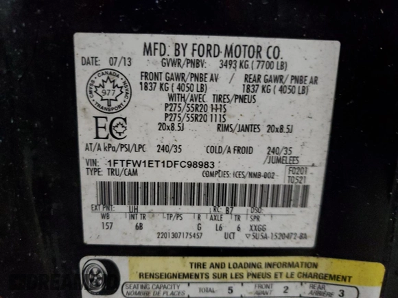 2013 Ford F-150 XL with VIN 1FTFW1ET1DFC98983, listed as a Copart auction lot 88250035 with 0 mi miles and Clean Title. Bid and sale history available at carsss.com. Image 12.