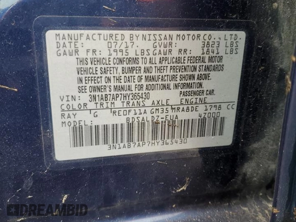 2017 Nissan Sentra S with VIN 3N1AB7AP7HY365430, listed as a Copart auction lot 55845185 with 29,294 mi miles and Clean Title. Bid and sale history available at DreamBid. Image 12.