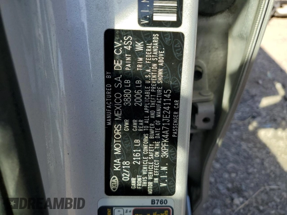 2018 Kia Forte LX with VIN 3KPFK4A71JE241145, listed as a Copart auction lot 52135165 with Not Provided miles and Clean Title. Bid and sale history available at DreamBid. Image 13.