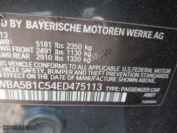 2014 BMW 5 Series 535i with VIN WBA5B1C54ED475113, listed as a IAAI auction lot 42077901 with 145,341 mi miles. Bid and sale history available at carsss.com. Image 9.