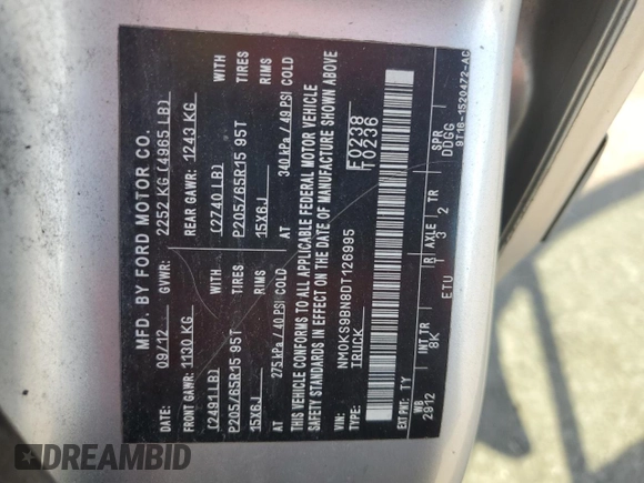 2013 Ford Transit Connect XLT with VIN NM0KS9BN8DT126995, listed as a Copart auction lot 57993055 with 120,842 mi miles and Salvage title. Bid and sale history available at DreamBid. Image 13.