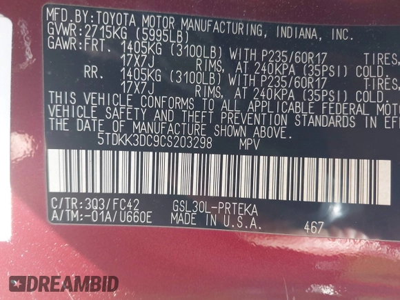 2012 Toyota Sienna LE AAS with VIN 5TDKK3DC9CS203298, listed as a IAAI auction lot 42070158 with 266,202 mi miles and . Bid and sale history available at DreamBid. Image 9.