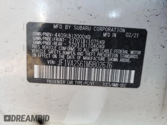 2021 Subaru WRX STI with VIN JF1VA2S61M9802676, listed as a Copart auction lot 41519855 with 59,818 mi miles and Salvage Title. Bid and sale history available at carsss.com. Image 12.